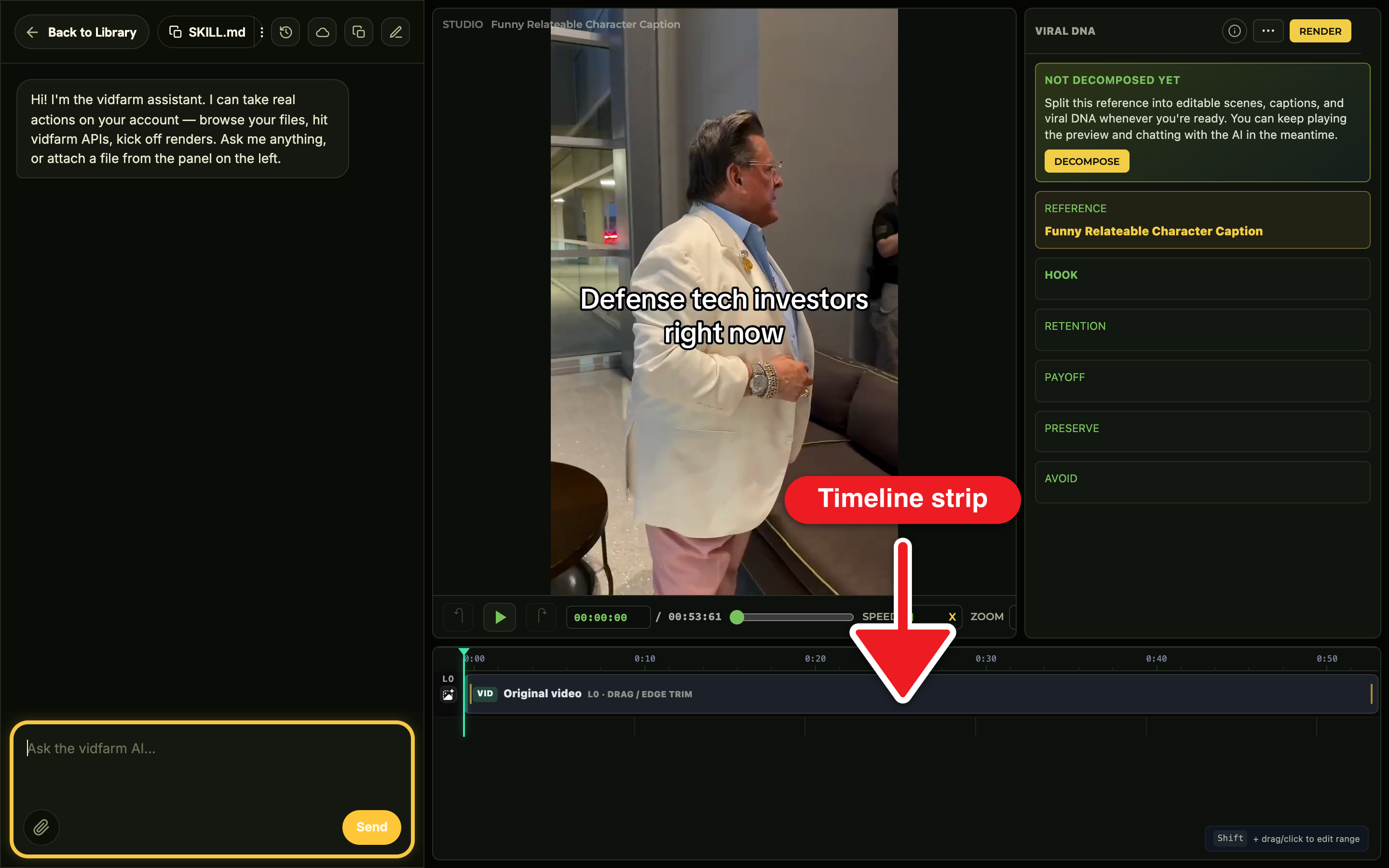 The Trackpad Editor timeline with a raw clip being dropped into a scene slot: the video canvas up top shows the new footage, and one layer row in the timeline below is highlighted as the target of a media swap.